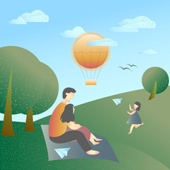 Vector  Illustartion with green landscape, blue sky, happy family rest on the grass and a little girl with flying paper plane. Sunny day. Flat design.  Retro stile. Eps10