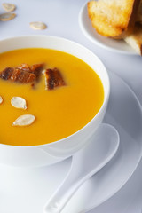 A bowl of spicy squash soup with bacon. Toasts and pumpkin seeds. High Key. Selective focus. Close up.