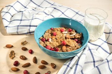 Fresh granola, muesli with milk, nuts and berries
