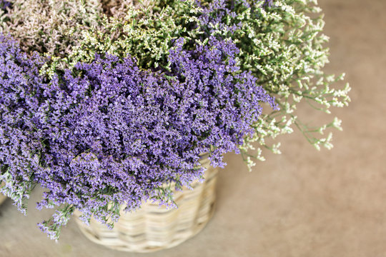 In a wicker basket limonium gmelinii, statice or sea lavender flowers in lavender-blue and white colors in the garden shop.
