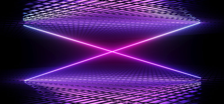 Futuristic Sci Fi Dark Club Dance Neon Lights Glowing Blue Purple Pink Gradient In Empty Reflective Mesh Grid Metal Elegant Modern Room 3D Rendering