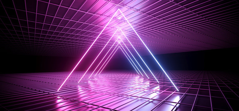 Futuristic Sci Fi Dark Club Dance Triangle Shaped Neon Lights Glowing Blue Purple Pink Gradient In Empty Reflective Mesh Grid Metal Elegant Modern Room 3D Rendering