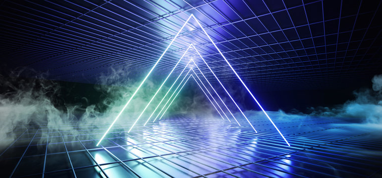 Smoke Fog Futuristic Sci Fi Dark Club Dance Triangle Shaped Neon Lights Glowing Blue Gradient In Empty Reflective Mesh Grid Metal Elegant Modern Room 3D Rendering