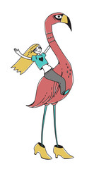 Obraz premium The girl sitting on a flamingo. Happy girl in a t-shirt saddled flamingo. Vector illustration. can be used as stickers, prints, etc.