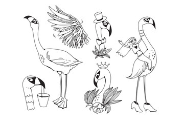 Set with a flamingo. Collection with illustration of cartoon exotic bird and girl sitting on the flamingo. Graphic modern illustration. Can be used as stickers, prints, etc.