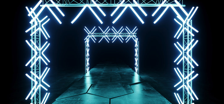 Futuristic Modern Sci Fi Club Dance Stage Construction Neon Glowing Rectangle Shaped Blue Laser Stage Lights On Dark Grunge Concrete Hexagonal Tiles Floor 3D Rendering