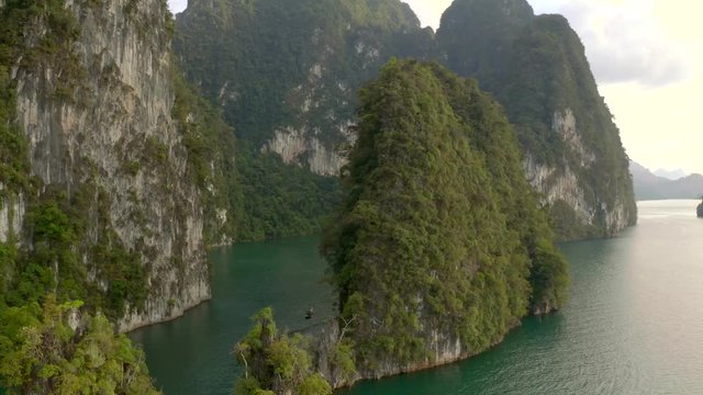 Aerial view of beautiful mountains and natural attractions in Cheow Lan Lake,Khao Sok National Park, Surat Thani Province,Thailand. Beauty,power of nature,wanderlust and amazing destination concept.