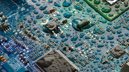 The circuit board of the motherboard is covered with drops of water in blue-green tones. Close up...