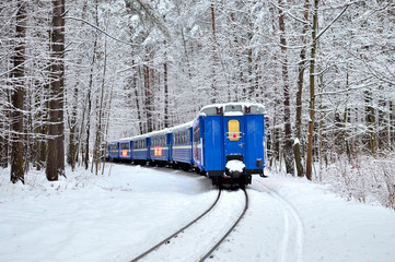 An old vintage train with beautiful blue Passenger cars rides by rail through a winter snowy forest. Fabulous winter landscape. Narrow gauge railway. Logistics railway transport