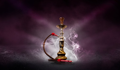 Hookah smoking on a purple futuristic background of an empty room, neon light, smoke