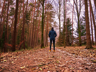Obraz premium Boy alone at Forest Winter road with thin layer of snow but ice cold