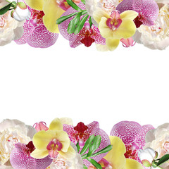 Beautiful floral background of peonies and orchids 