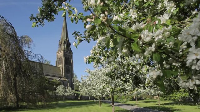 Edensor Village Church & Blossom, Chatsworth Estate, Derbyshire, England, UK, Europe