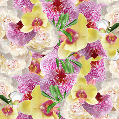 Beautiful floral background of peonies and orchids 