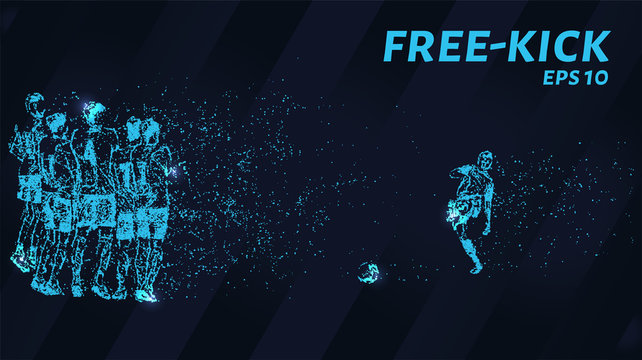 Free kick. A grid of blue stars in the night sky. Glowing dots create a Free-kick shape. Football, penalty, sports and other concepts illustration or background.
