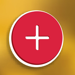 Positive symbol plus sign. Vector. Magenta icon with darker shadow, white sticker and black popart shadow on golden background. Illustration.