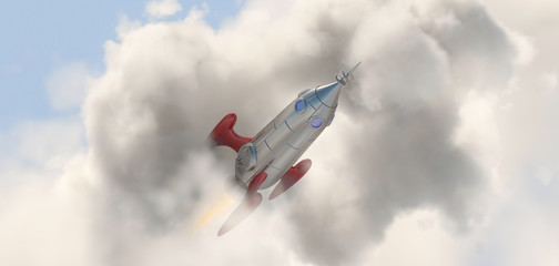 Naklejka na ściany i meble Comic style Rocket flying through the clouds 
