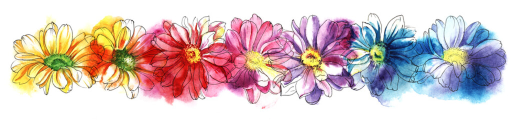 Colorful Flowers border. Hand drawn watercolor sketch illustration