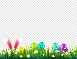 Easter eggs on grass with bunny rabbit ears set. Spring holidays in April. Sunday seasonal celebration with egg hunt.
