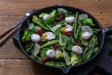 Green Vegetable stir fry. Healthy food. Top view.