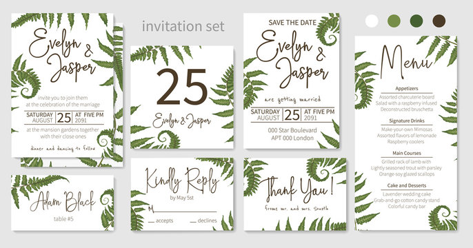 Wedding invitations set, floral invitations, table, note, menu, thank you, rsvp card design. Eucalyptus, forest fern, grass, branches of boxwood, brunia, botanical green. Vector elegant watercolor