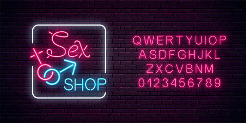 Glowing neon sex shop street sign with alphabet. Adult store night banner. Sex toys for adults people. - obrazy, fototapety, plakaty