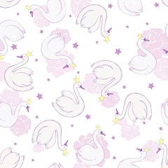 Seamless pattern with white swans. White swans on pink background. Vector illustration.