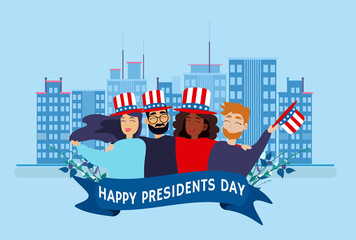 Happy Presidents Day Collection of Greating Card, Banner, Poster, Flat Design with People, Man and Woman, American Flag, Hat and Big City on Blue Background. Vector illustration. 