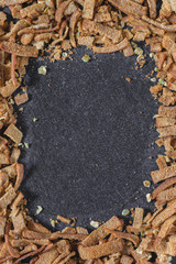 Salty, bread crumbs with garlic for beer and a frame for copy space.