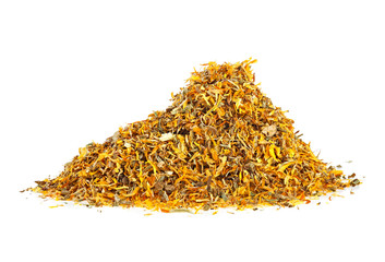 Heap of dried calendula petals on white background. Full depth of field.