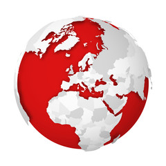 3D Earth globe with blank political map dropping shadow on red seas and oceans. Vector illustration