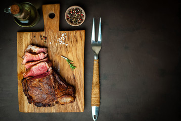 Beef steak . Top view with copy space for your text.