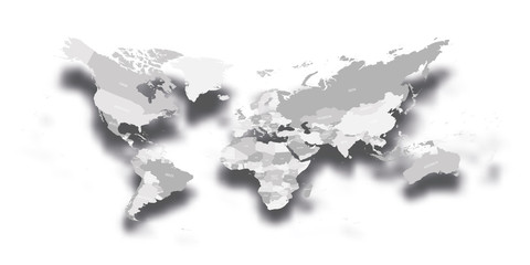 Modern political map of World. Distorted design with bent corners and dropped shadow. 3D effect vector illustration