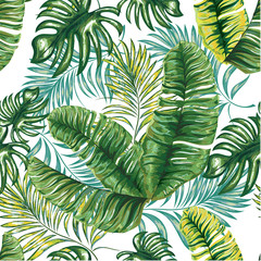 Naklejka na ściany i meble Seamless pattern of a tropical palm tree, jungle leaves and flowers. Hand drawing. Vector floral pattern.