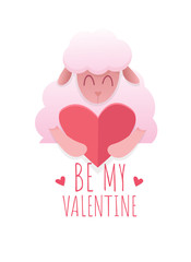 Cute romantic lamb with red heart on white backgraund. Valentine's flat design element for logo, card, poster, banner, invitabion. Symbol of love. Be my Valentine lettering