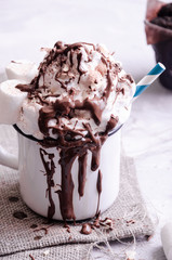 delicate dessert with cream, powdered sugar and berries