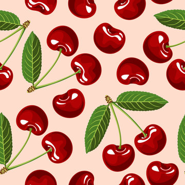 Cherry seamless pattern on pink background. Red ripe berries and green leaves. Vector illustration in cartoon flat style.