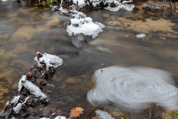 A stream covered in snow in the forest. A small flow of water flows in the deciduous forest.
