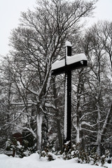 Naklejka premium A cross covered with snow in the freezing autumn environment near ​​Savonlinna Finland
