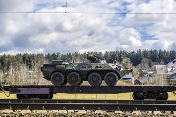 Russian military equipment loaded onto a cargo railway platform