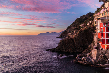 Panorama of Riomaggiore at sunset in Liguria, Italy (Cinque Terre)