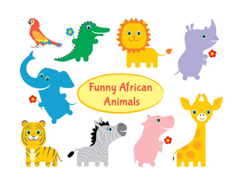 Set of funny colorful African animals. Parrot, crocodile, lion, rhino, elephant, tiger, zebra, hippopotamus, giraffe. Cartoon kids style. Vector illustration.