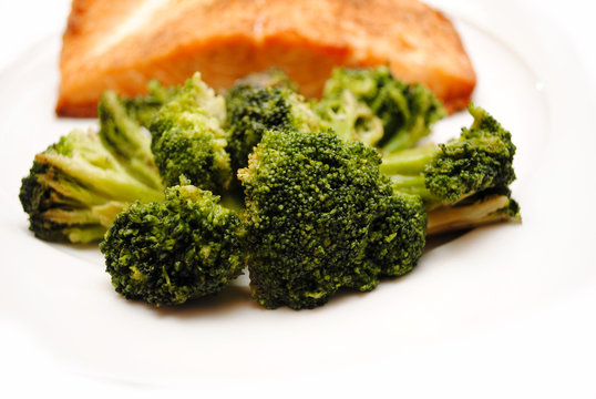Fresh Broccoli with Salmon in the Background