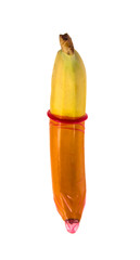 banana in a pink condom isolated on white background