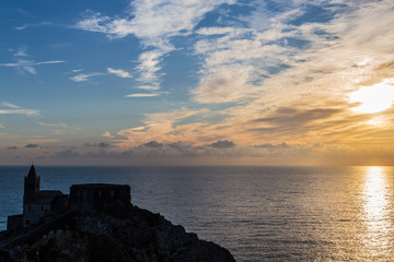 Church of St. Peter at sunset in Porto Venere, Liguria, Italy