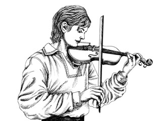 Graphic drawing in black outline on a white background - the musician plays the violin