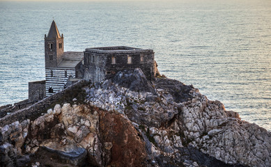 Church of St. Peter at sunset in Porto Venere, Liguria, Italy
