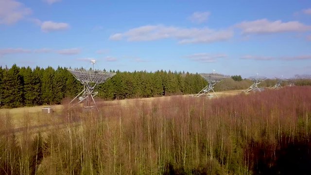 Aerial view of The Westerbork Synthesis Radio Telescope (WSRT). An aperture synthesis interferometer consisting of a linear array of 14 antennas