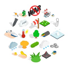 Fire icons set. Isometric set of 25 fire vector icons for web isolated on white background