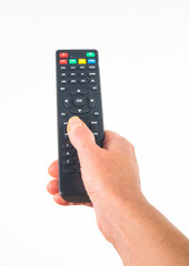 hand holding a remote control on white background, close-up